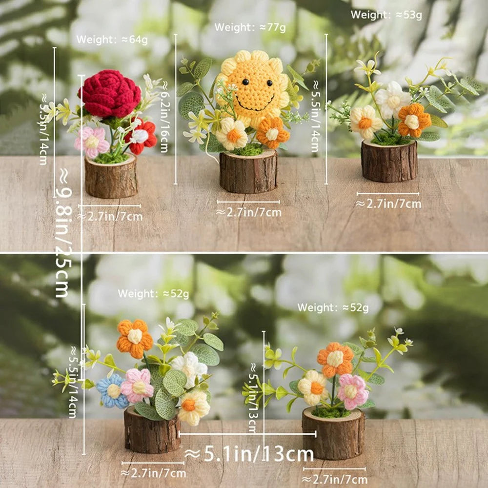 Handmade Crochet Flower Pot Artificial Plant Desktop Decoration Ornament for Home / Office - 3-Head Flower / Pink - 6