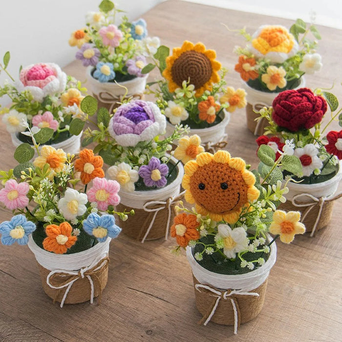 Handcrafted Crochet Flower Pot with Large Planter, Artificial Plant Decorative Ornament for Home / Office Desktop Display - Sunflower - 3