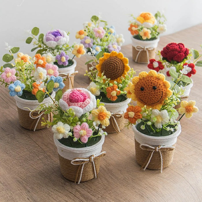 Handcrafted Crochet Flower Pot with Large Planter, Artificial Plant Decorative Ornament for Home / Office Desktop Display - Sunflower - 4