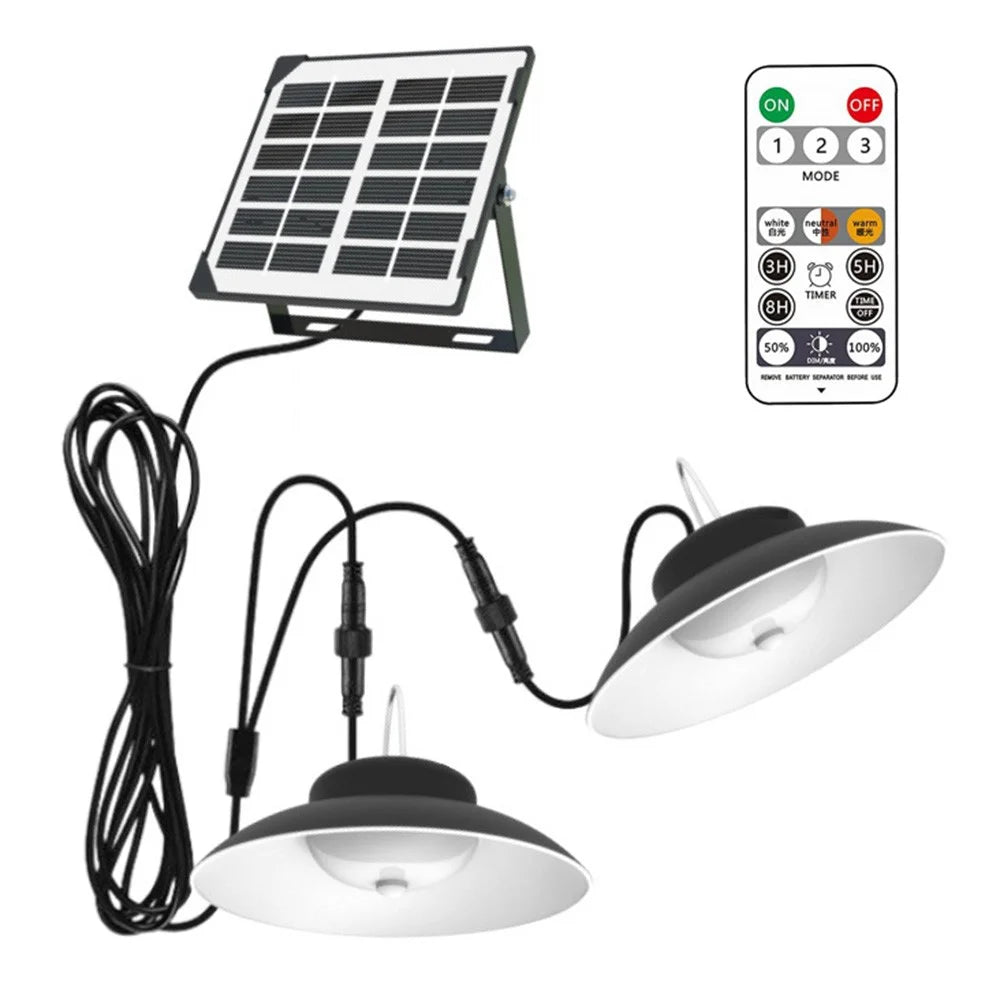Double Head Solar Powered Pendant Light IP65 Waterproof Motion Sensor Hanging Garage Lamp with Remote Control - 1