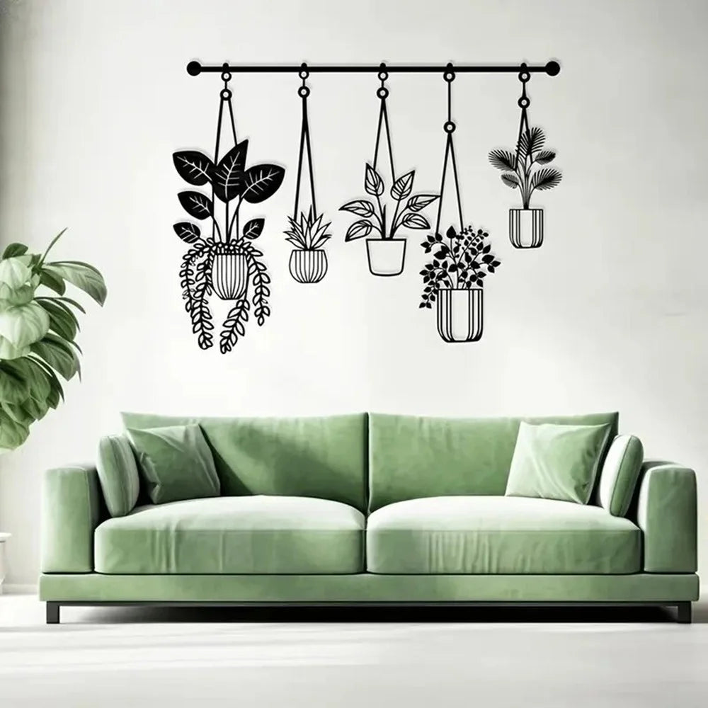 Metal Wall Art Iron Flower Pot Plant Holders Wall Decal for Outdoor Garden Patio - Black - 2
