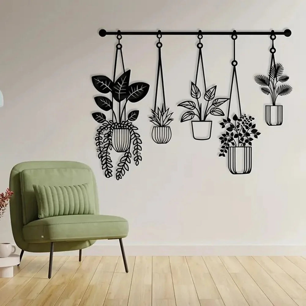 Metal Wall Art Iron Flower Pot Plant Holders Wall Decal for Outdoor Garden Patio - Black - 4