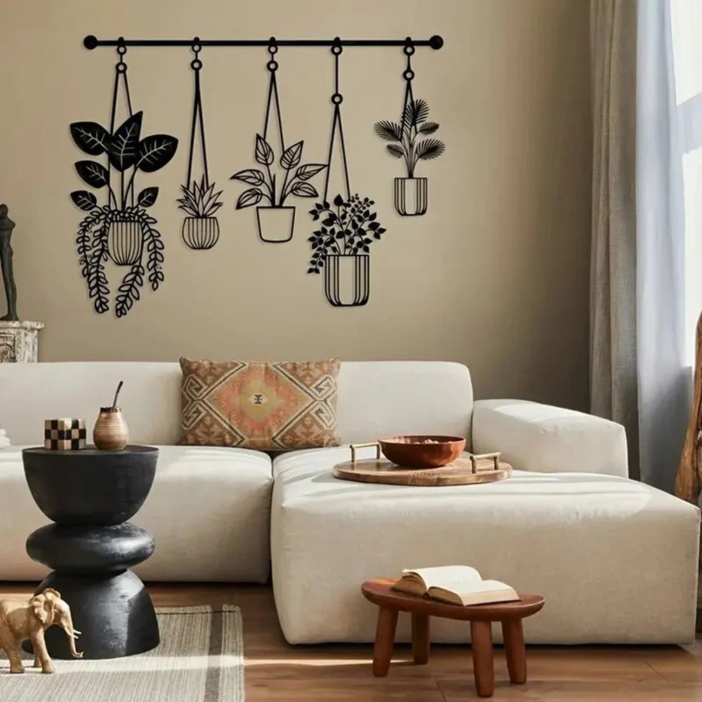 Metal Wall Art Iron Flower Pot Plant Holders Wall Decal for Outdoor Garden Patio - Black - 5