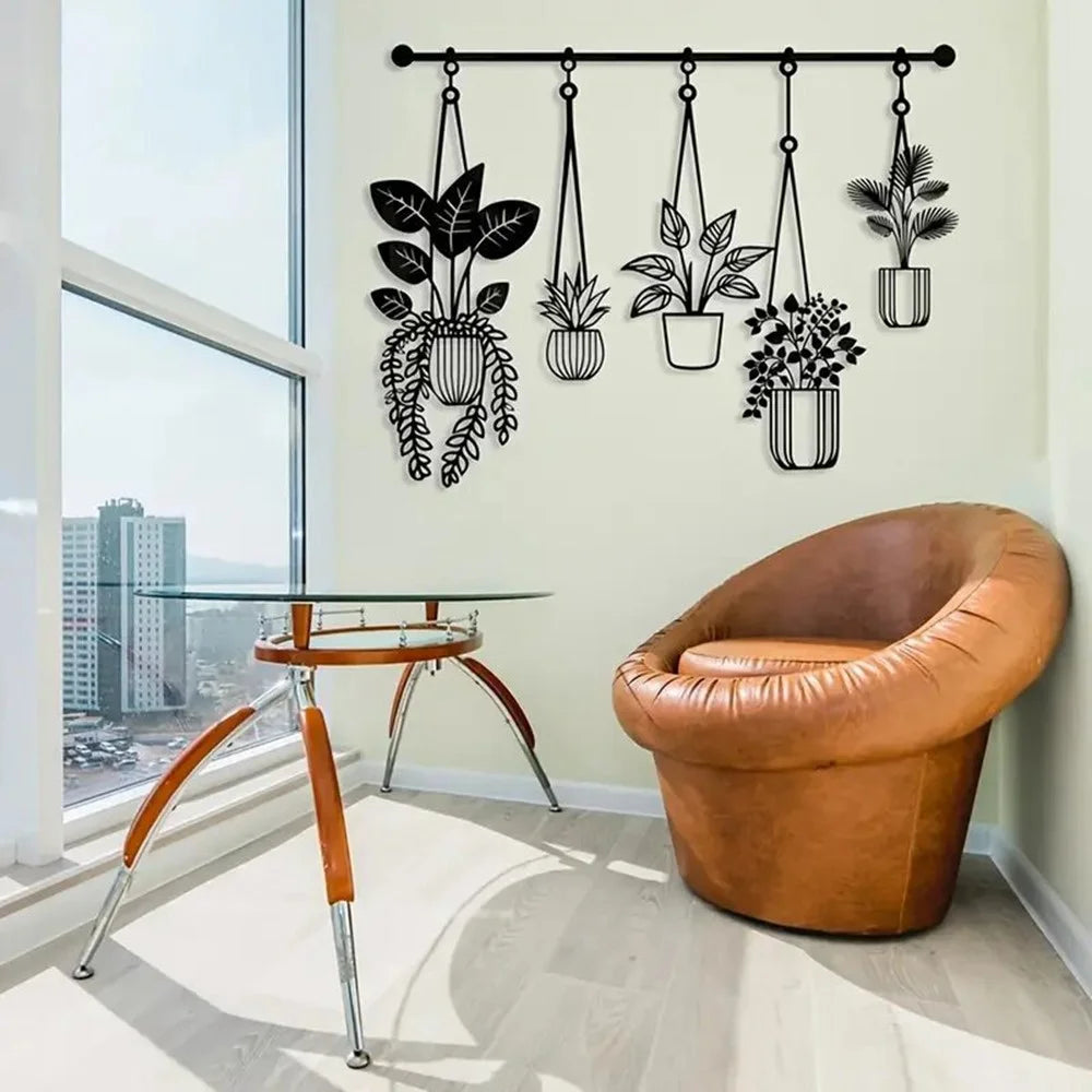 Metal Wall Art Iron Flower Pot Plant Holders Wall Decal for Outdoor Garden Patio - Black - 6