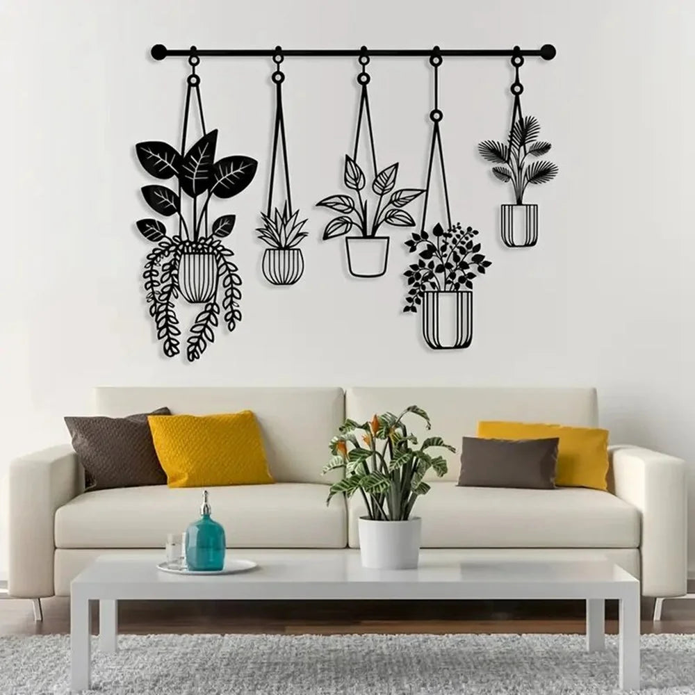 Metal Wall Art Iron Flower Pot Plant Holders Wall Decal for Outdoor Garden Patio - Black - 7