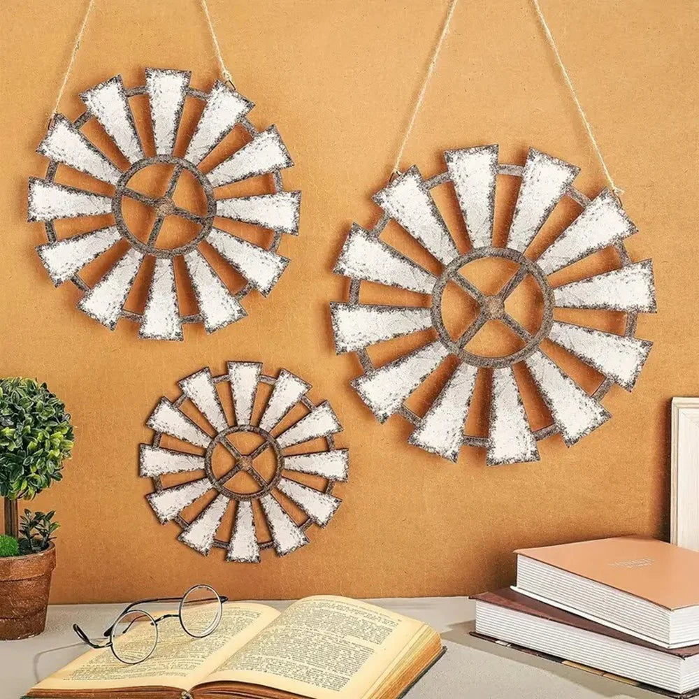 3Pcs Rustic Iron Windmill Wall Art Home Decoration Farmhouse Industrial Style Hanging Art - Grey - 3