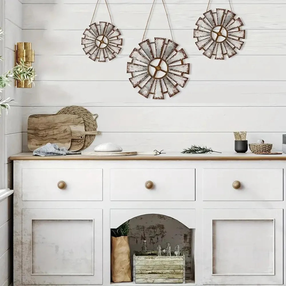 3Pcs Rustic Iron Windmill Wall Art Home Decoration Farmhouse Industrial Style Hanging Art - Grey - 4