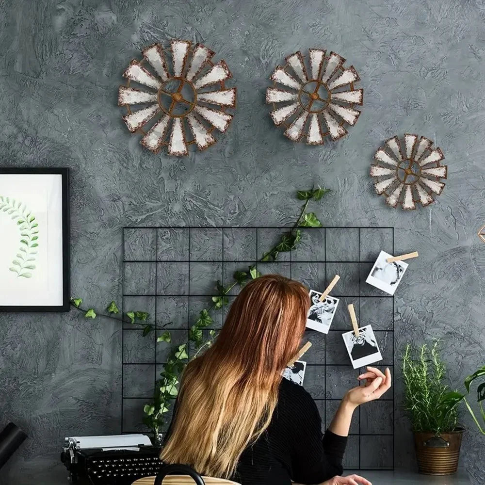 3Pcs Rustic Iron Windmill Wall Art Home Decoration Farmhouse Industrial Style Hanging Art - Grey - 5