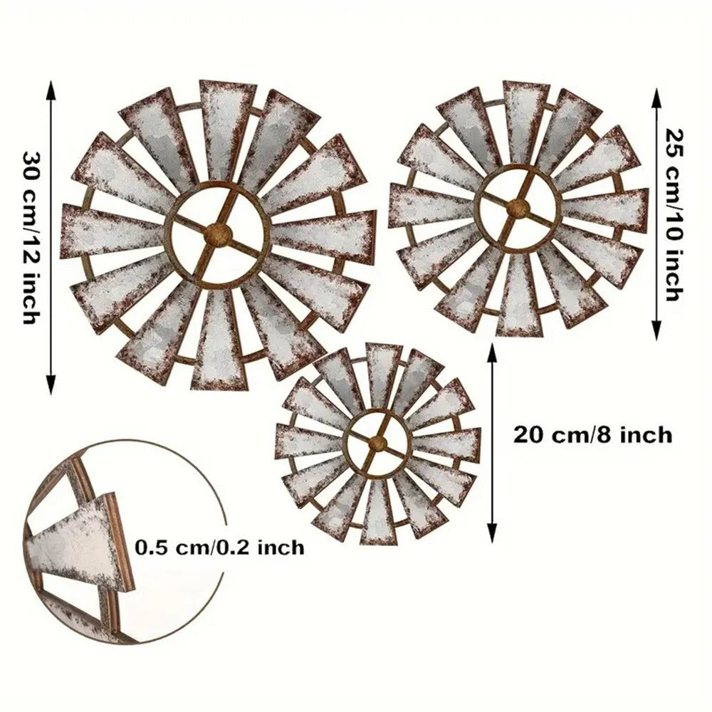 3Pcs Rustic Iron Windmill Wall Art Home Decoration Farmhouse Industrial Style Hanging Art - Grey - 6