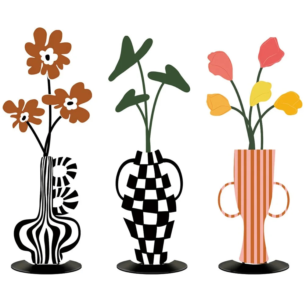 3Pcs European Style Metal Wall Decor UV Printed Flowers in Vase Home Decorations for Living Room Bedroom - 3Pcs / Set - 1