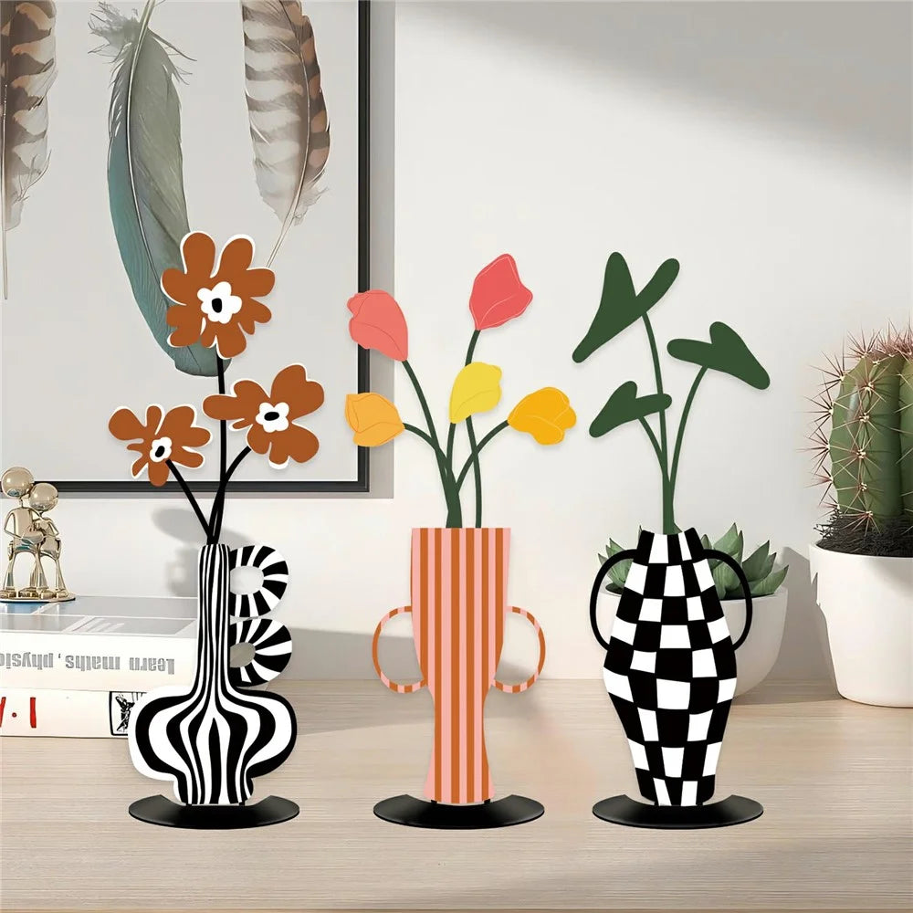 3Pcs European Style Metal Wall Decor UV Printed Flowers in Vase Home Decorations for Living Room Bedroom - 3Pcs / Set - 2