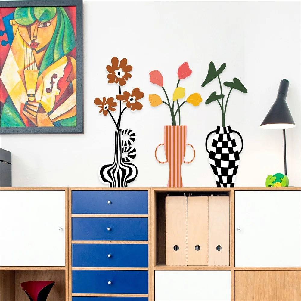 3Pcs European Style Metal Wall Decor UV Printed Flowers in Vase Home Decorations for Living Room Bedroom - 3Pcs / Set - 3