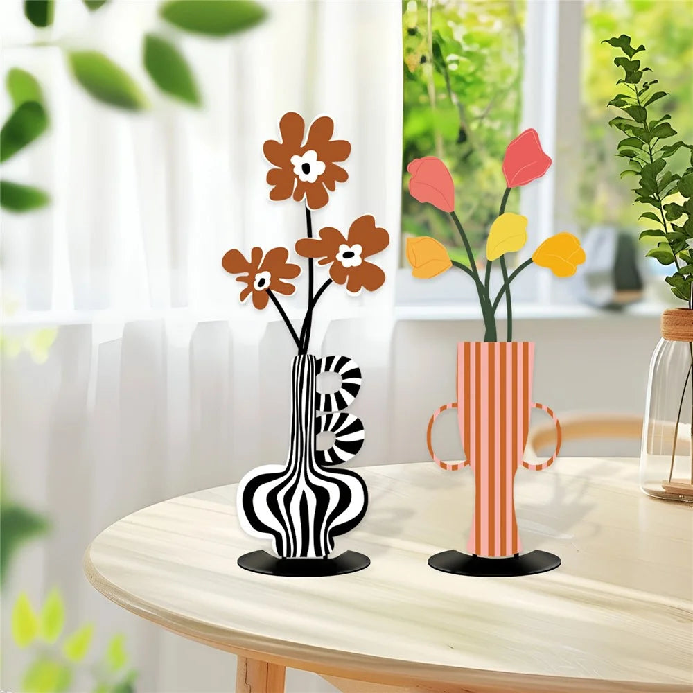3Pcs European Style Metal Wall Decor UV Printed Flowers in Vase Home Decorations for Living Room Bedroom - 3Pcs / Set - 4