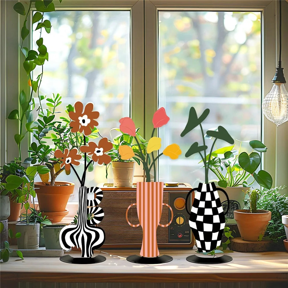 3Pcs European Style Metal Wall Decor UV Printed Flowers in Vase Home Decorations for Living Room Bedroom - 3Pcs / Set - 5