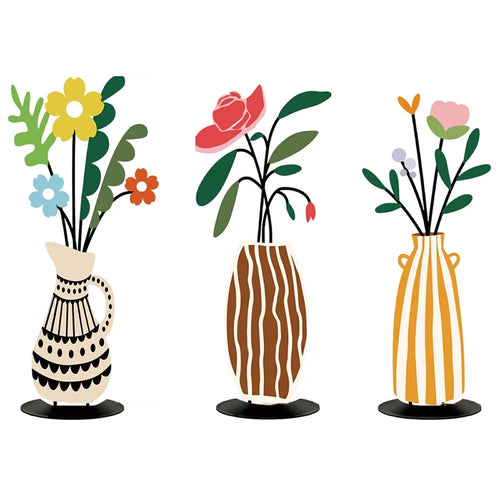 3Pcs Dopamine Style Metal Home Decor Set UV Printed Flower Vase Decorations for Living Room Bedroom - 3Pcs / Set - 1