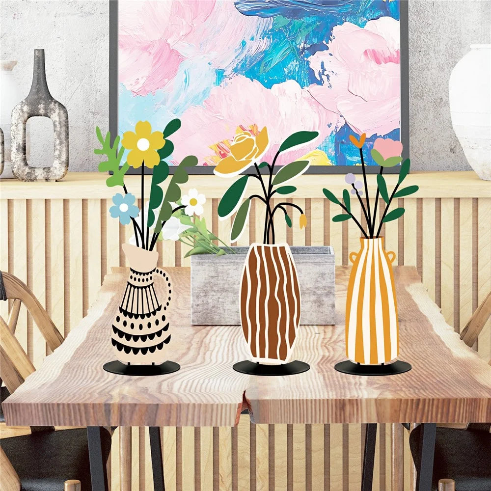 3Pcs Dopamine Style Metal Home Decor Set UV Printed Flower Vase Decorations for Living Room Bedroom - 3Pcs / Set - 2