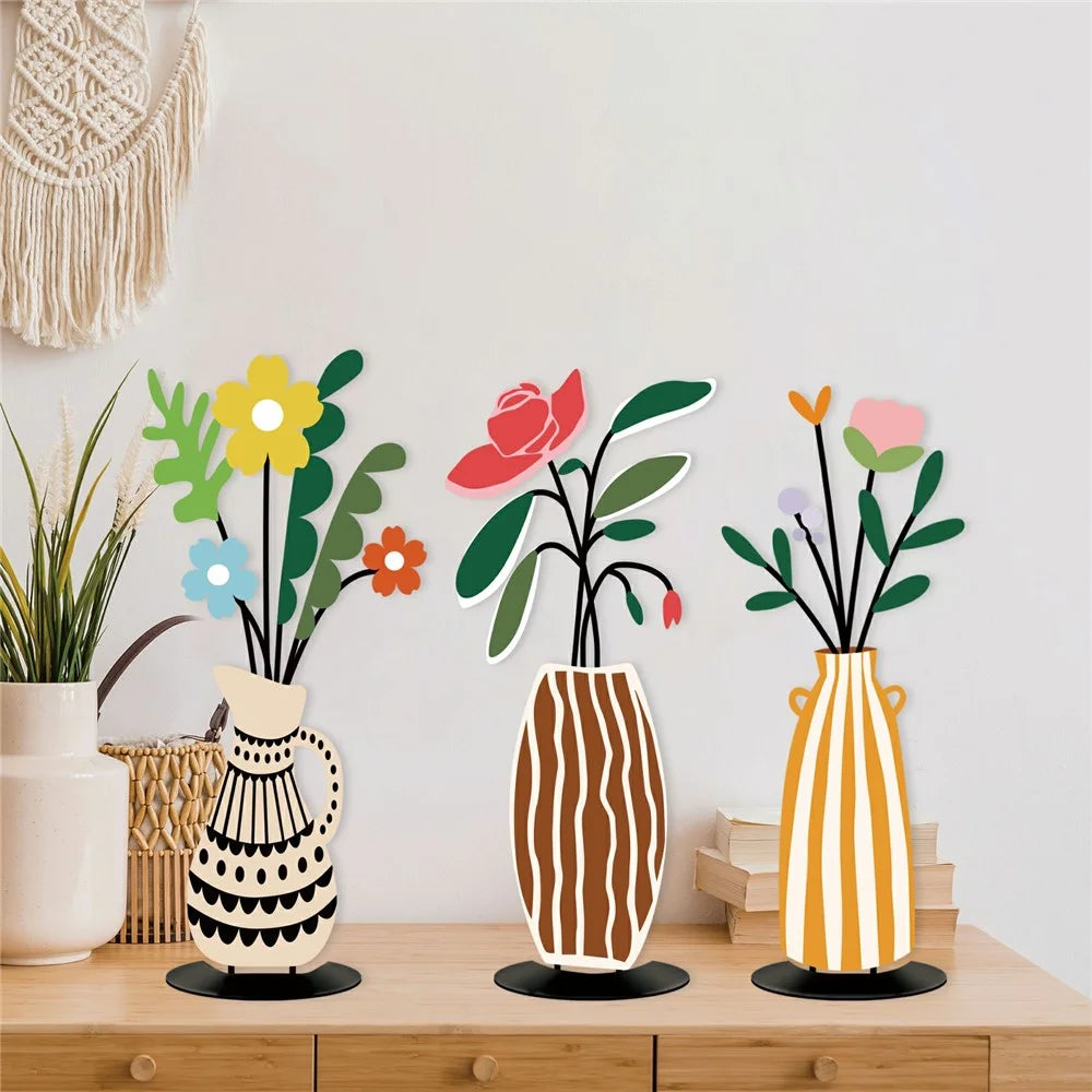 3Pcs Dopamine Style Metal Home Decor Set UV Printed Flower Vase Decorations for Living Room Bedroom - 3Pcs / Set - 3