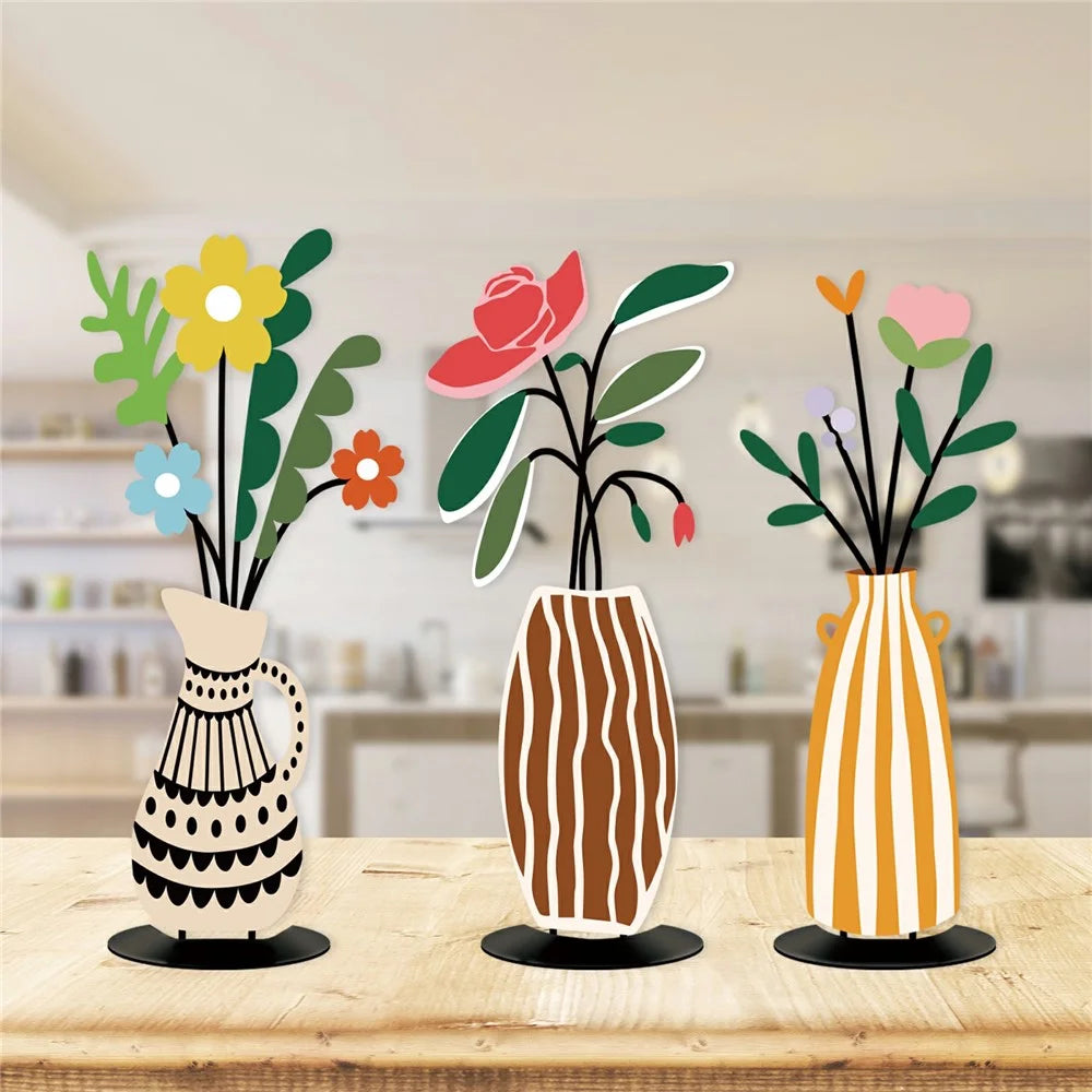 3Pcs Dopamine Style Metal Home Decor Set UV Printed Flower Vase Decorations for Living Room Bedroom - 3Pcs / Set - 4