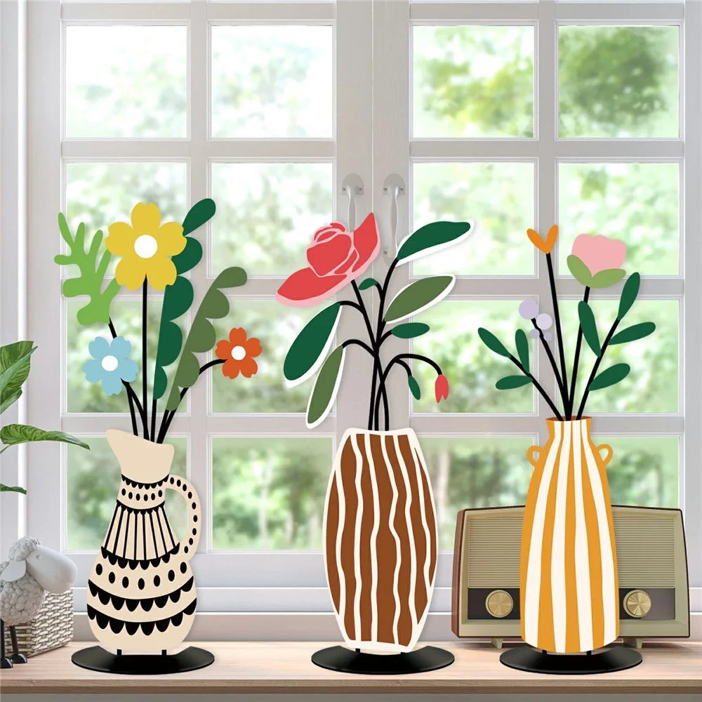 3Pcs Dopamine Style Metal Home Decor Set UV Printed Flower Vase Decorations for Living Room Bedroom - 3Pcs / Set - 5