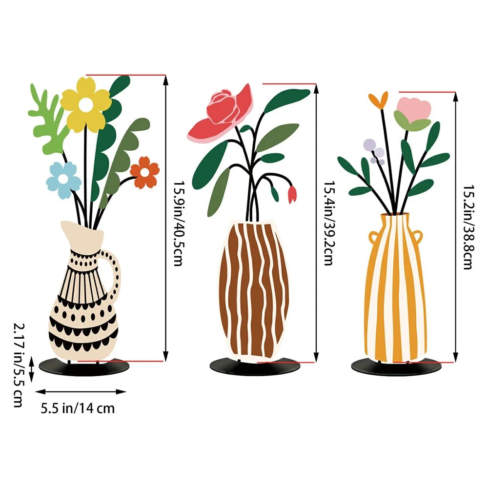 3Pcs Dopamine Style Metal Home Decor Set UV Printed Flower Vase Decorations for Living Room Bedroom - 3Pcs / Set - 7