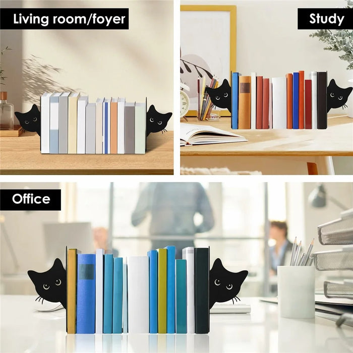 2Pcs Peeping Cat Metal Bookend Cute Cat Desk Decorative Bookend Bookshelf Decoration - Full-face Cat - 5