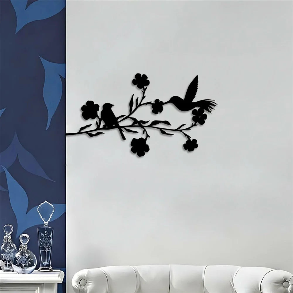 Metal Birds Wall Art Decor Leaves and Flowers Branch Sculpture for Home Garden - A701-2 - 2
