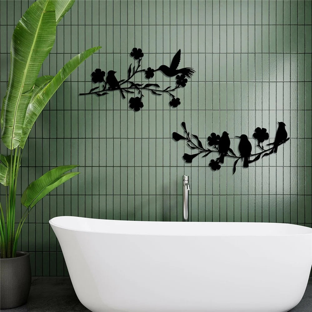 Metal Birds Wall Art Decor Leaves and Flowers Branch Sculpture for Home Garden - A701-2 - 7