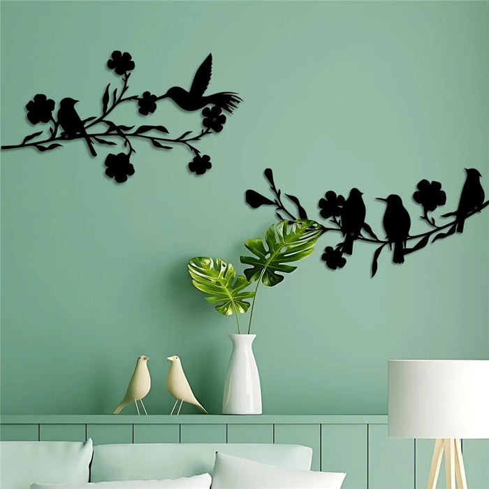 2Pcs Metal Birds Wall Art Decor Leaves and Flowers Branch Sculpture for Home Garden - Black - 4