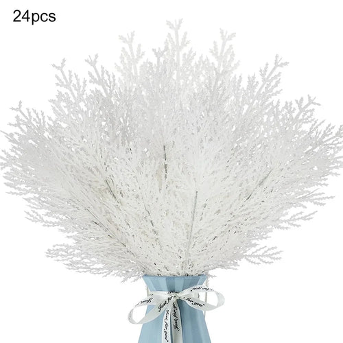 24Pcs 35cm Realistic Snow Covered Christmas Pine Branches Plastic Artificial Stems DIY Holiday Craft - White - 1