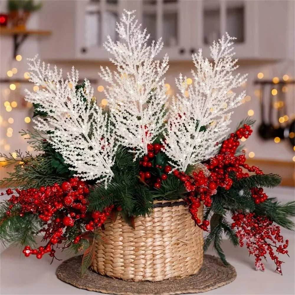 24Pcs 35cm Realistic Snow Covered Christmas Pine Branches Plastic Artificial Stems DIY Holiday Craft - White - 2