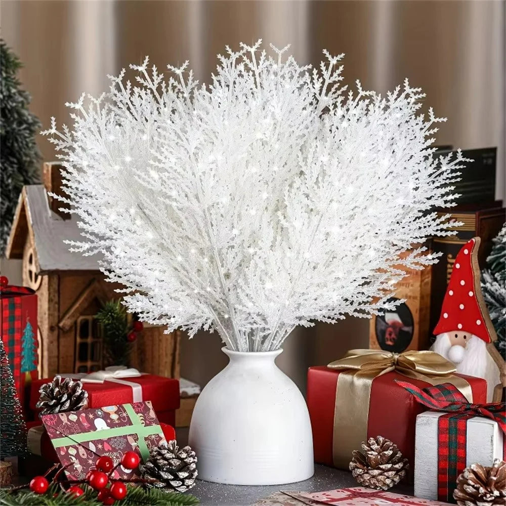 24Pcs 35cm Realistic Snow Covered Christmas Pine Branches Plastic Artificial Stems DIY Holiday Craft - White - 4