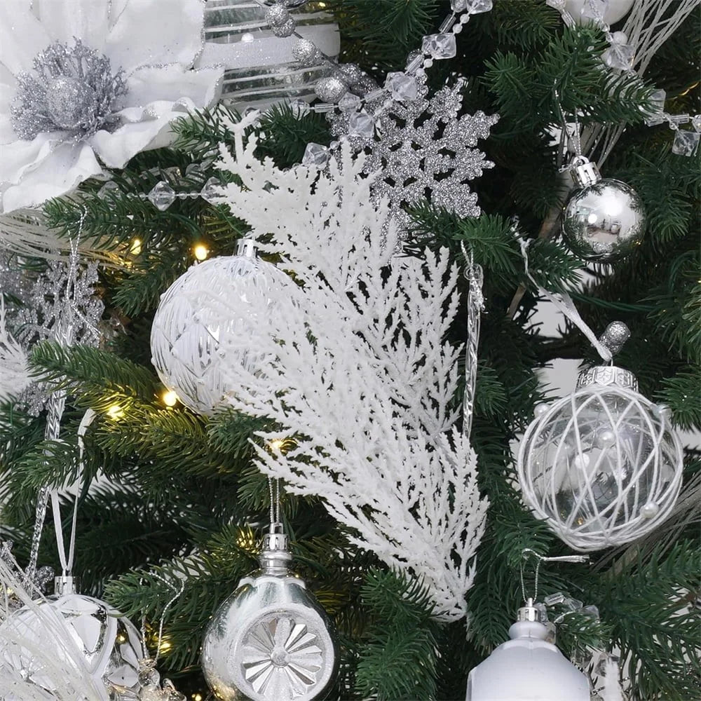 24Pcs 35cm Realistic Snow Covered Christmas Pine Branches Plastic Artificial Stems DIY Holiday Craft - White - 7