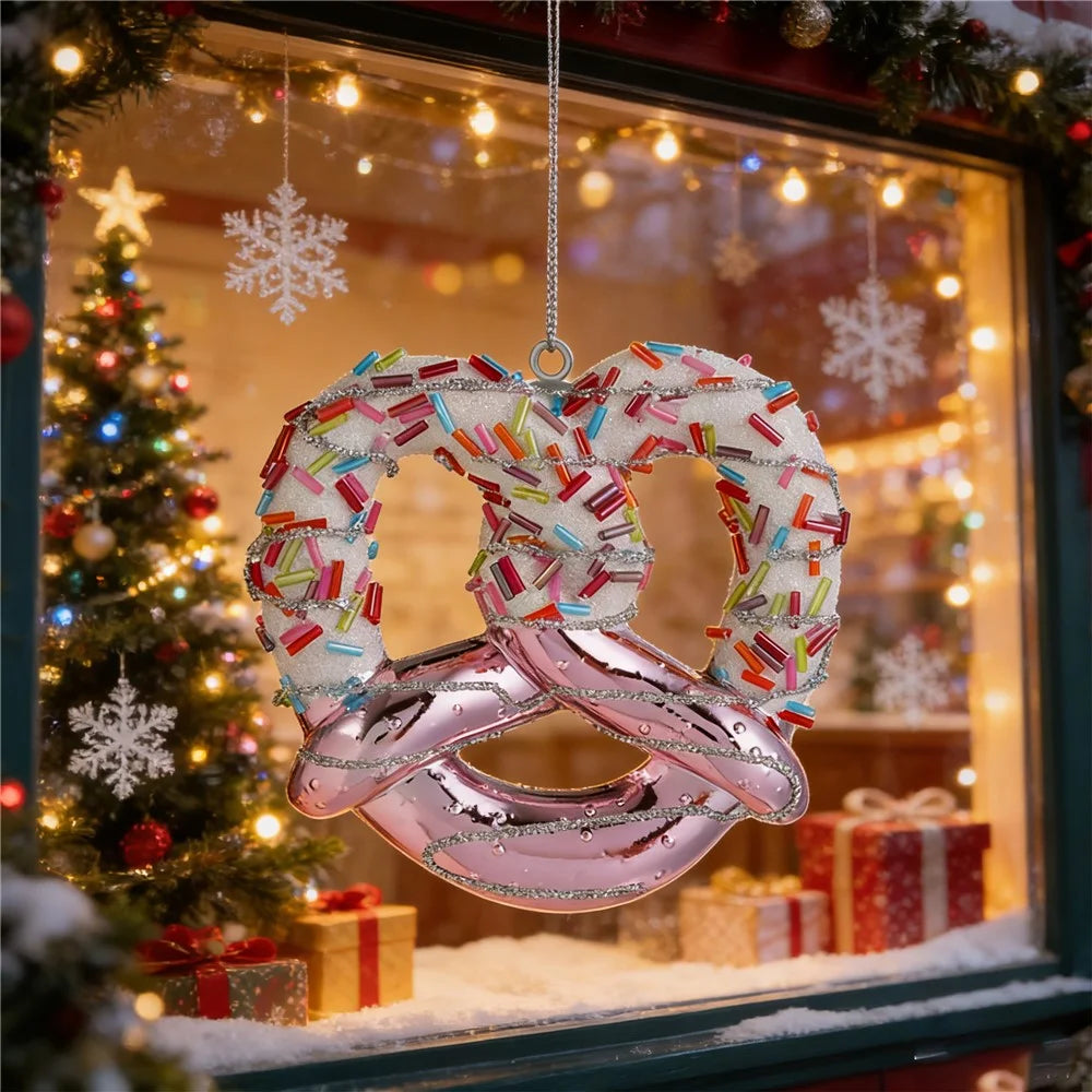 Glitter Pretzel Christmas Ornament Holiday Tree Decoration Cookie Shape Hanging Decor - 2