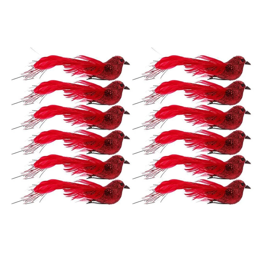 12Pcs Christmas Bird Ornaments Simulation Bird Feather Clip Decorations For Christmas Tree Garden Decor - Red - 1