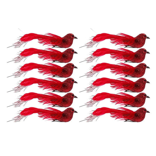 12Pcs Christmas Bird Ornaments Simulation Bird Feather Clip Decorations For Christmas Tree Garden Decor - Red - 1