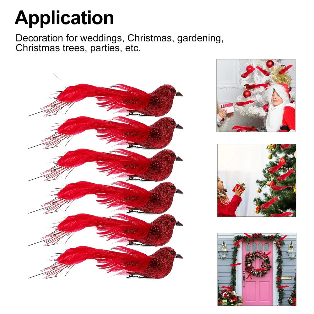 12Pcs Christmas Bird Ornaments Simulation Bird Feather Clip Decorations For Christmas Tree Garden Decor - Red - 3