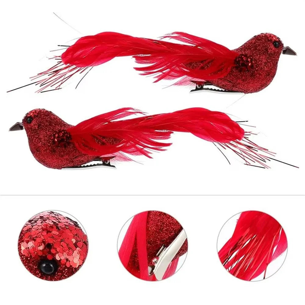 12Pcs Christmas Bird Ornaments Simulation Bird Feather Clip Decorations For Christmas Tree Garden Decor - Red - 4