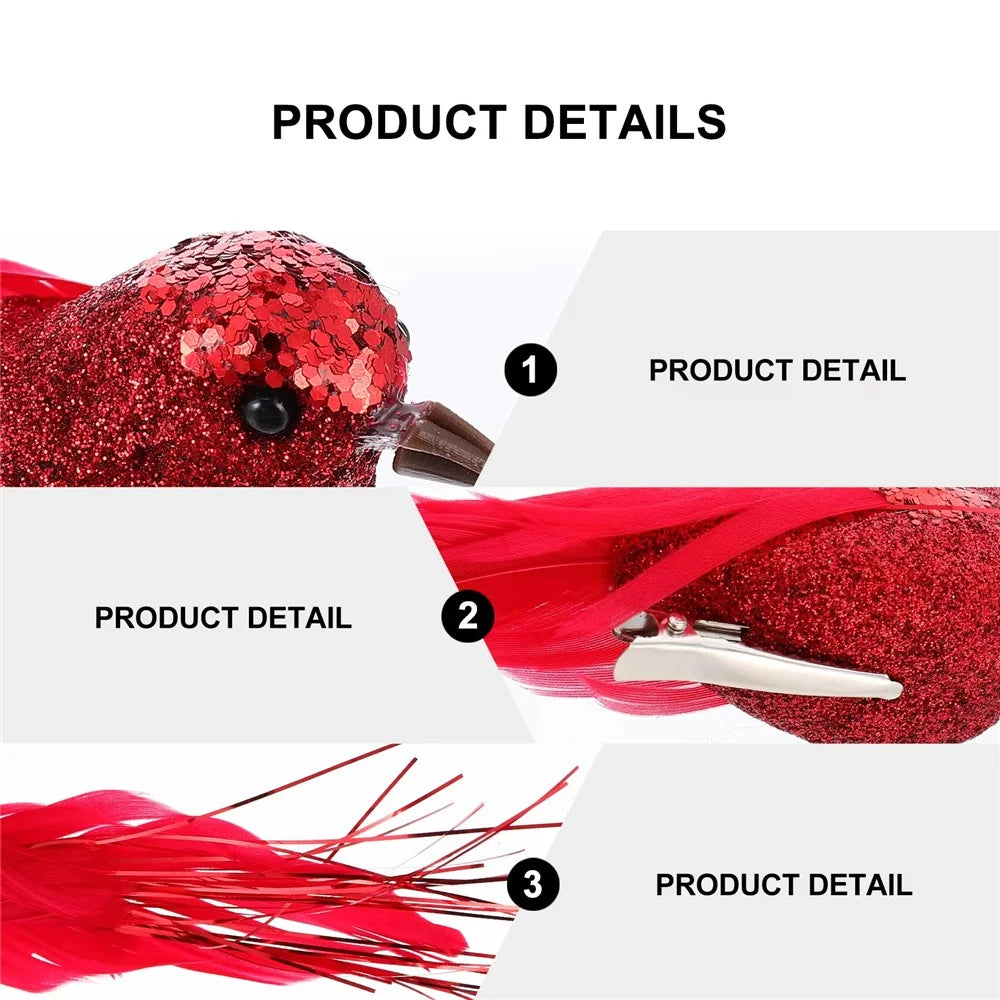 12Pcs Christmas Bird Ornaments Simulation Bird Feather Clip Decorations For Christmas Tree Garden Decor - Red - 5