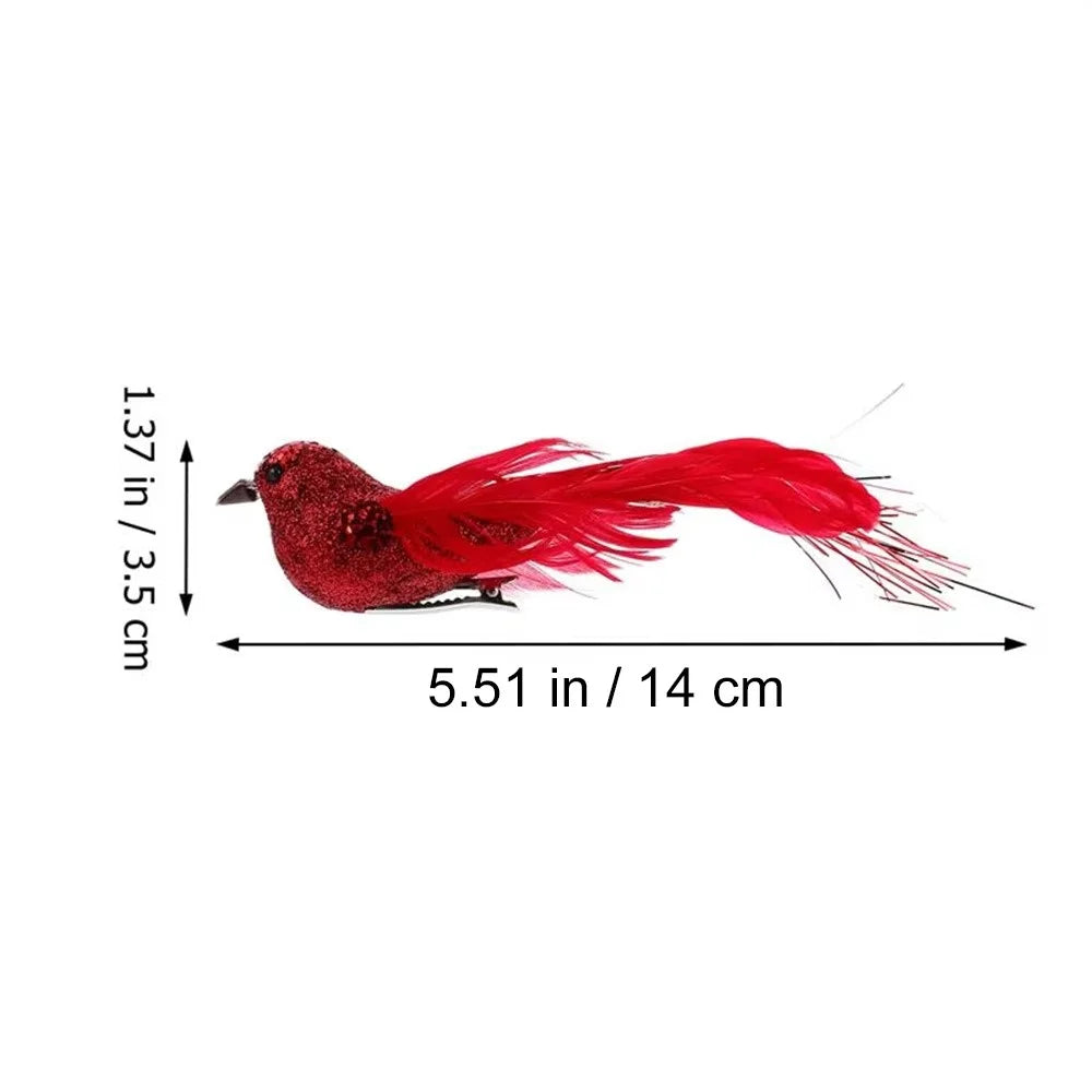 12Pcs Christmas Bird Ornaments Simulation Bird Feather Clip Decorations For Christmas Tree Garden Decor - Red - 6