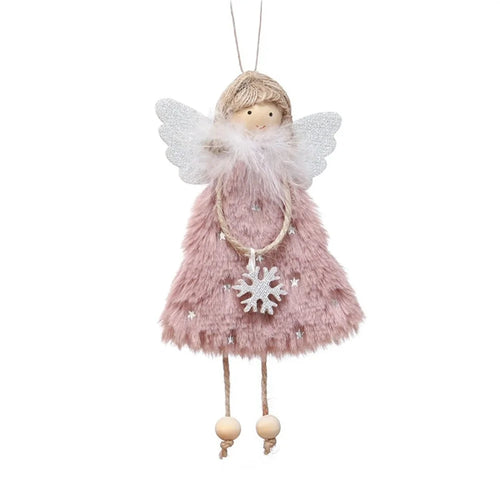 Fuzzy Angel Girl Doll with Wooden Beads Christmas Pendant Xmas Tree Ornament Hanging Decoration - Pink - 1
