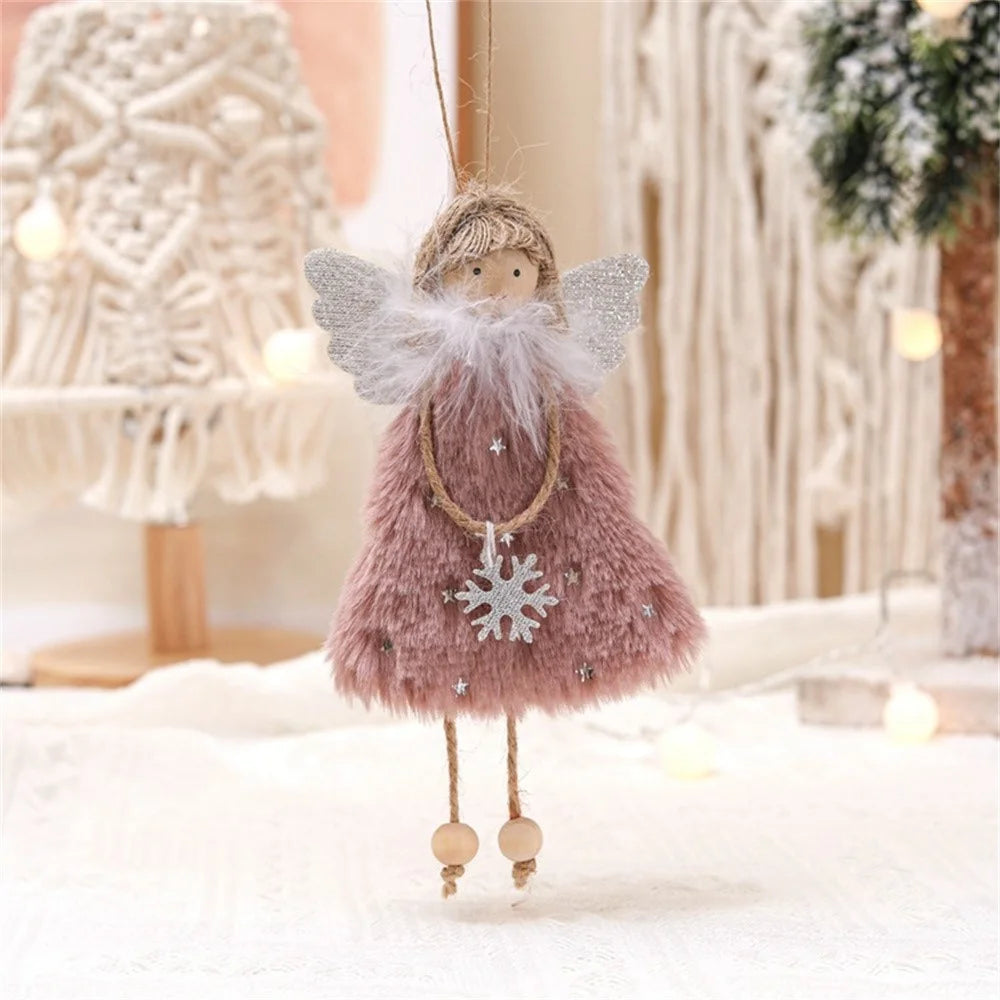 Fuzzy Angel Girl Doll with Wooden Beads Christmas Pendant Xmas Tree Ornament Hanging Decoration - Pink - 2