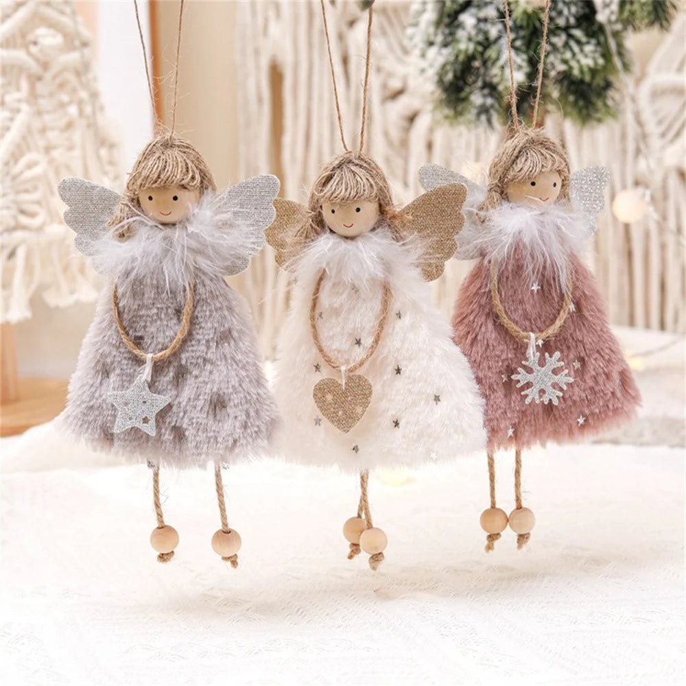 Fuzzy Angel Girl Doll with Wooden Beads Christmas Pendant Xmas Tree Ornament Hanging Decoration - Pink - 5