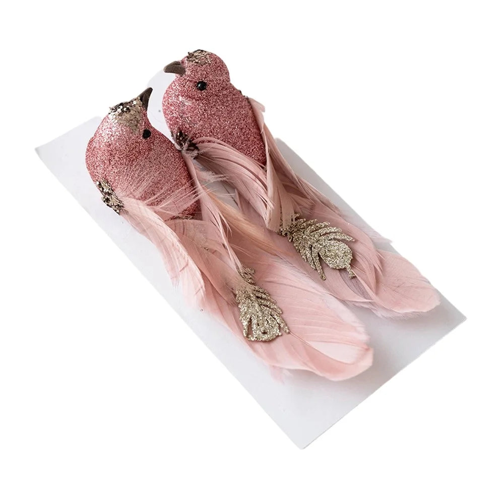 1 Pair Glitter Feathered Bird Ornaments Realistic Foam Bird Christmas Tree Decorations Holiday Decor - Pink - 1
