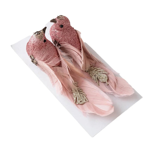 1 Pair Glitter Feathered Bird Ornaments Realistic Foam Bird Christmas Tree Decorations Holiday Decor - Pink - 1