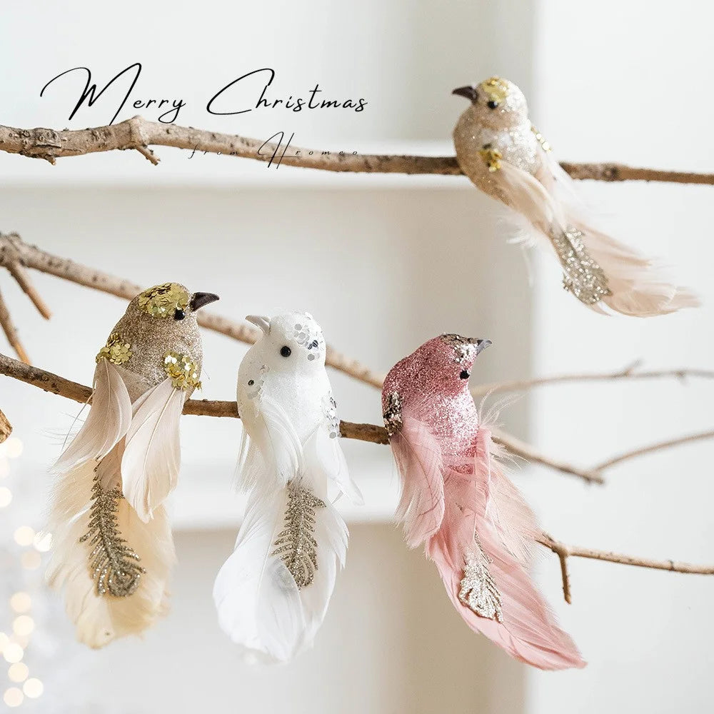 1 Pair Glitter Feathered Bird Ornaments Realistic Foam Bird Christmas Tree Decorations Holiday Decor - Pink - 3