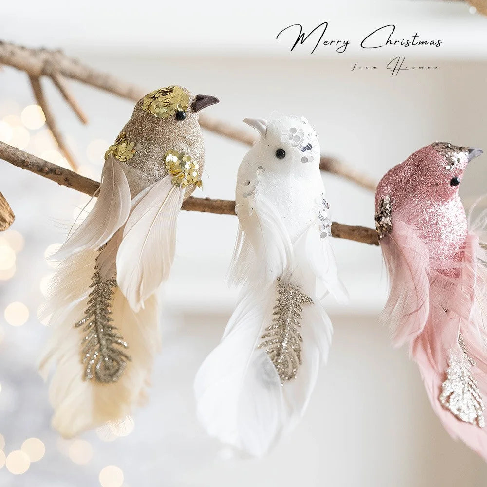 1 Pair Glitter Feathered Bird Ornaments Realistic Foam Bird Christmas Tree Decorations Holiday Decor - Pink - 4