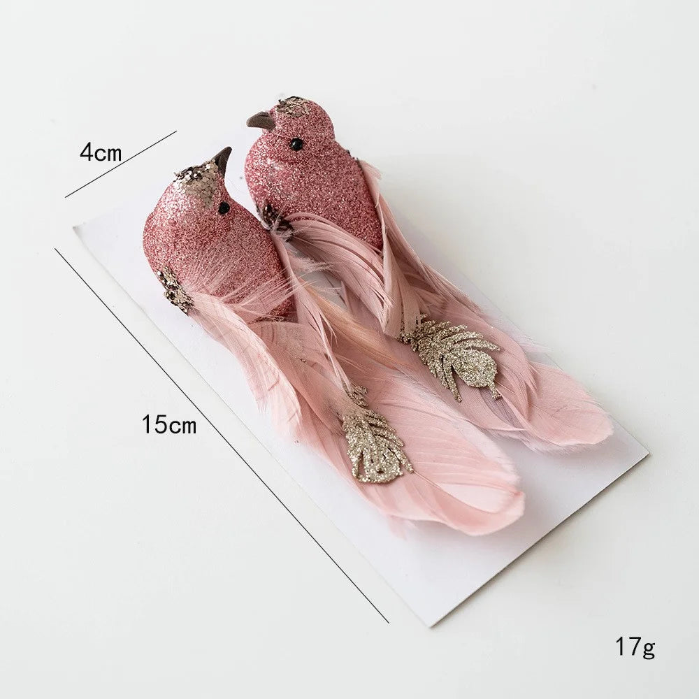 1 Pair Glitter Feathered Bird Ornaments Realistic Foam Bird Christmas Tree Decorations Holiday Decor - Pink - 7