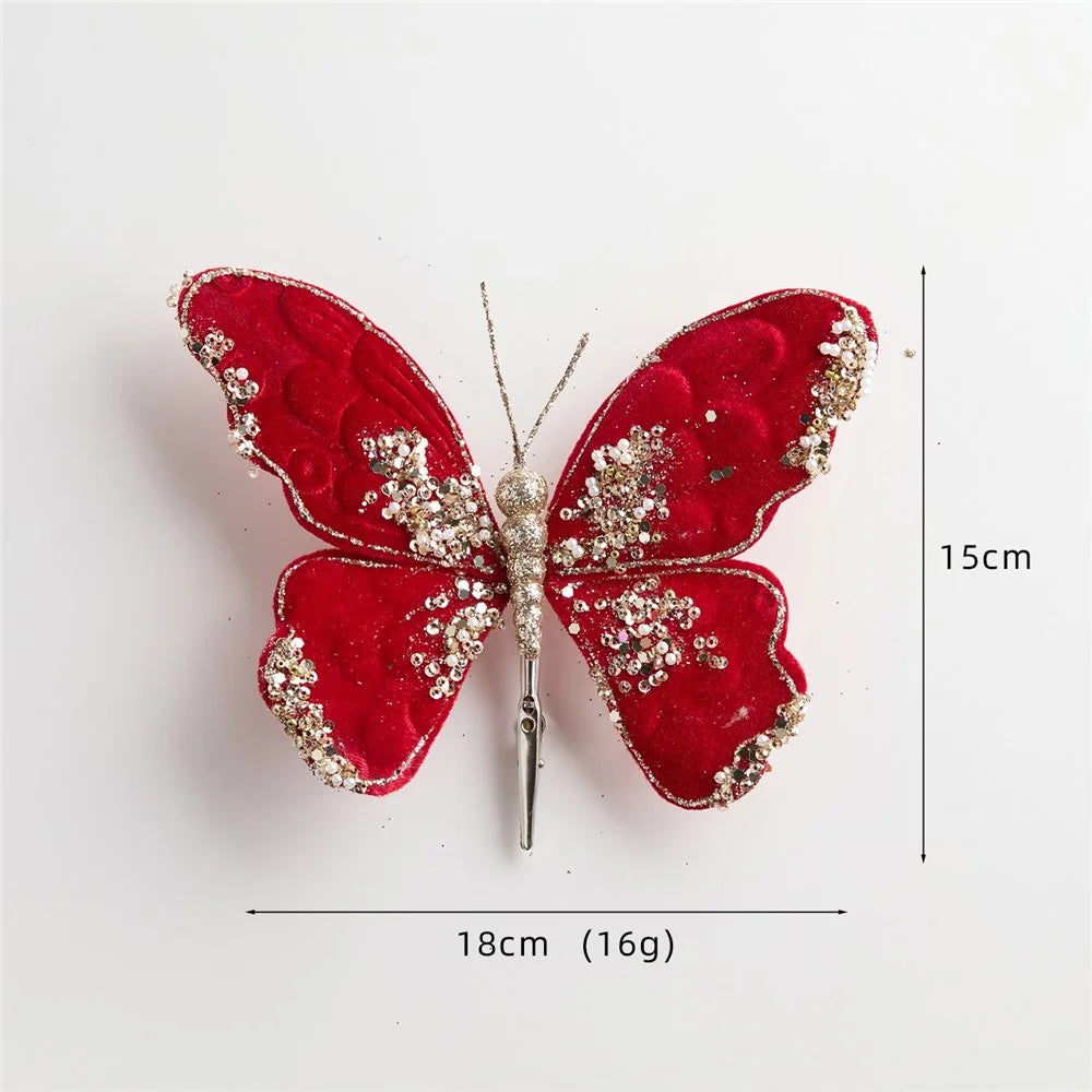Christmas Velvet Butterfly Clip Ornament for Christmas Tree Wreath Gift Packaging - Red - 7