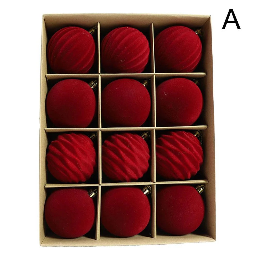 12Pcs Set 6cm Christmas Ball Ornaments Velvet Xmas Tree Decorations Plush Balls - Red - 1