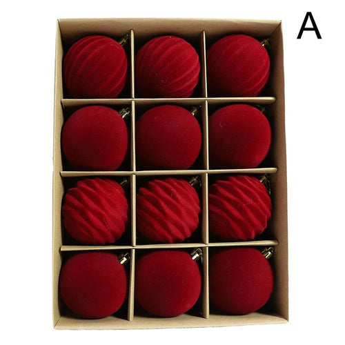 12Pcs Set 6cm Christmas Ball Ornaments Velvet Xmas Tree Decorations Plush Balls - Red - 1